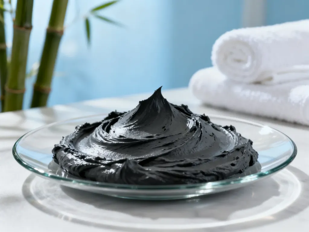 Gęsta, czarna maska węglowa na szklanej powierzchni w relaksującym otoczeniu spa.