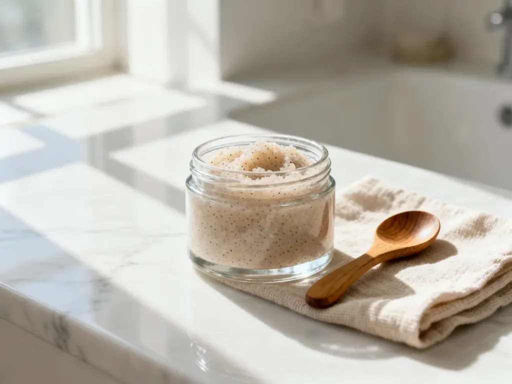 Szklany słoiczek z naturalnym peelingiem na marmurowym blacie obok drewnianej łyżeczki, budujący atmosferę domowego spa.
