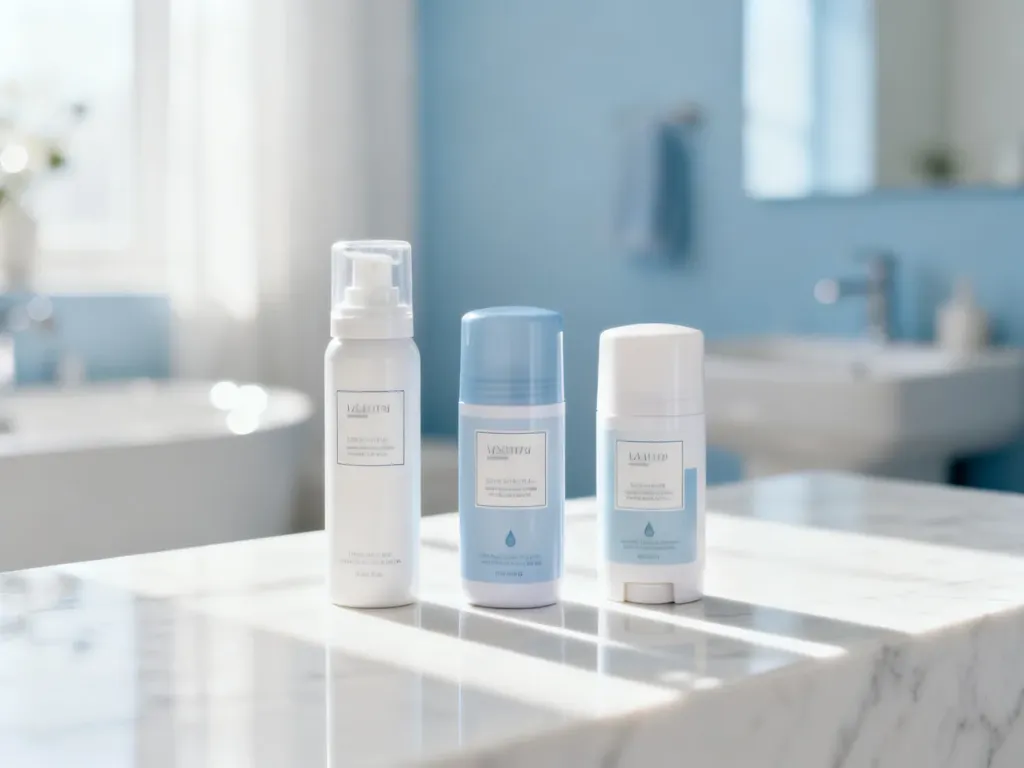 Trzy eleganckie opakowania antyperspirantów ustawione na marmurowym blacie, podkreślające świeżość i higienę produktu.
