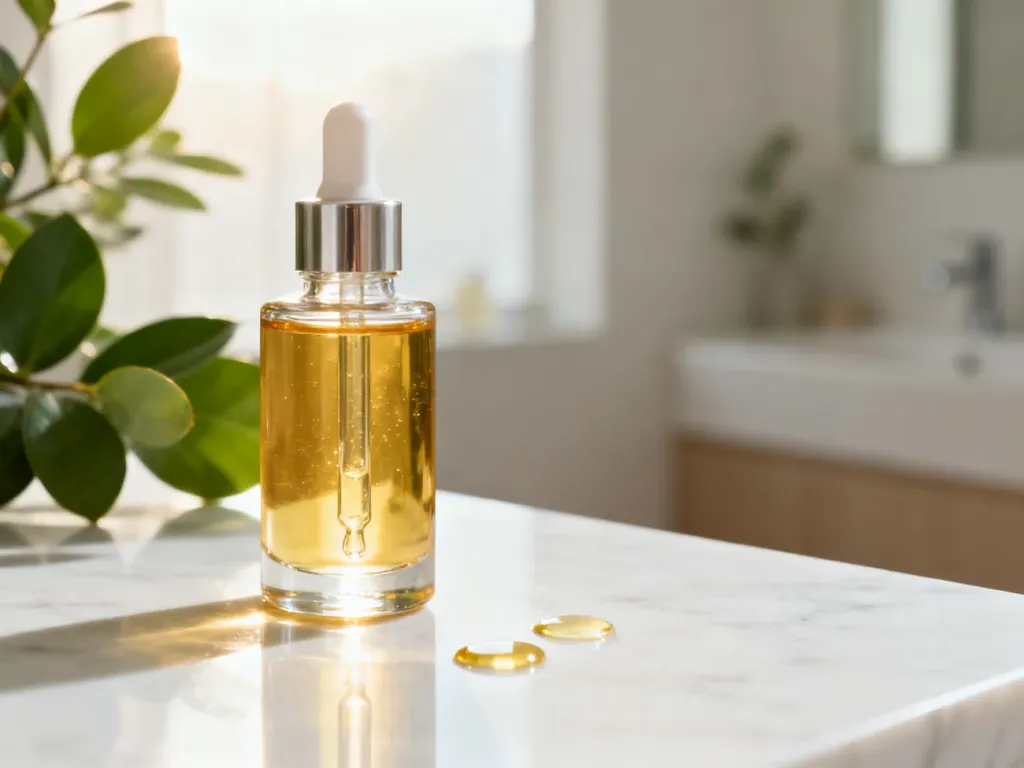 Szklana butelka z serum do włosów Bioelixire na marmurowym blacie w otoczeniu roślin, podkreślająca naturalny skład produktu.