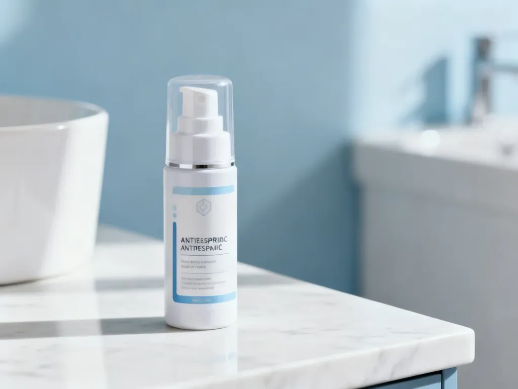 Elegancka butelka antyperspirantu Vichy na marmurowym blacie, podkreślająca świeżość i kliniczną skuteczność produktu.