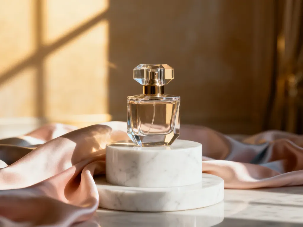 Elegancki flakon perfum Givenchy na marmurowym postumencie w promieniach zachodzącego słońca.