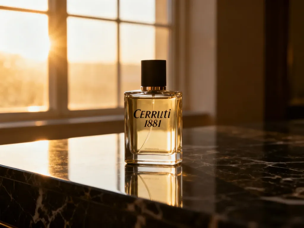 Elegancki flakon perfum Cerruti 1881 na marmurowym blacie w promieniach porannego słońca.