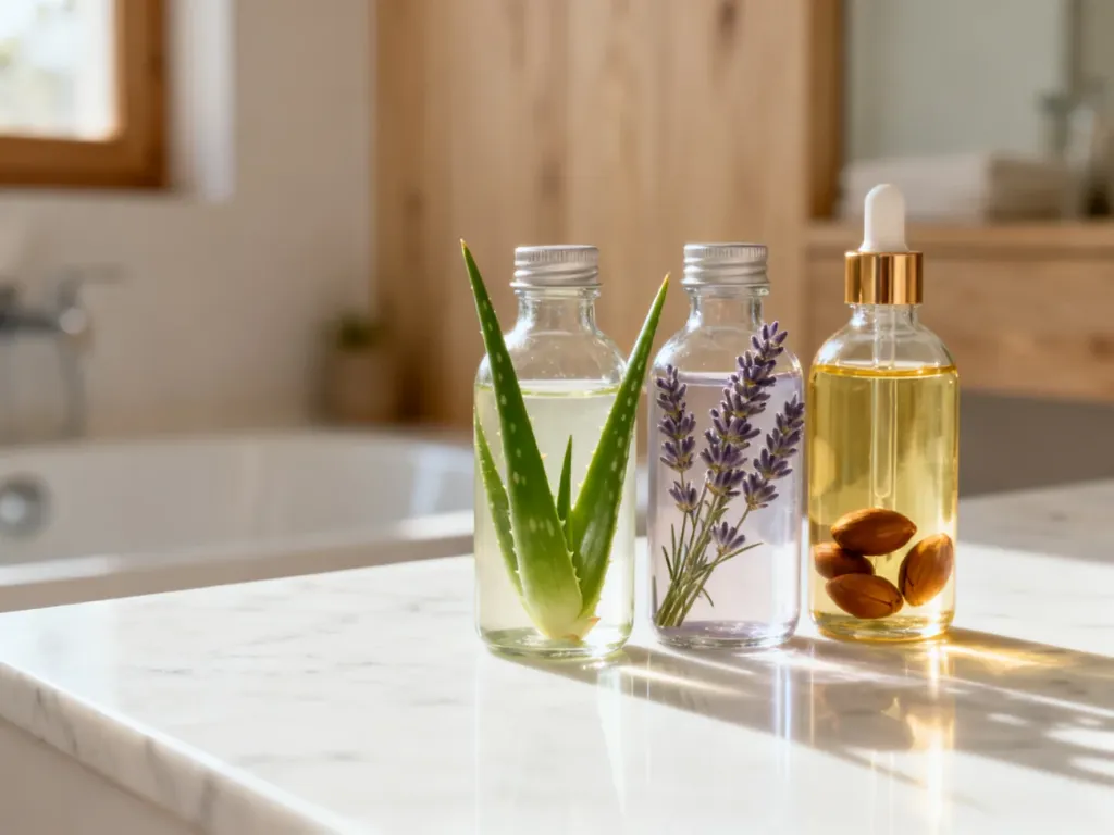 Szklane butelki z naturalnymi składnikami kosmetycznymi na marmurowym blacie, podkreślające wybór produktów do pielęgnacji.