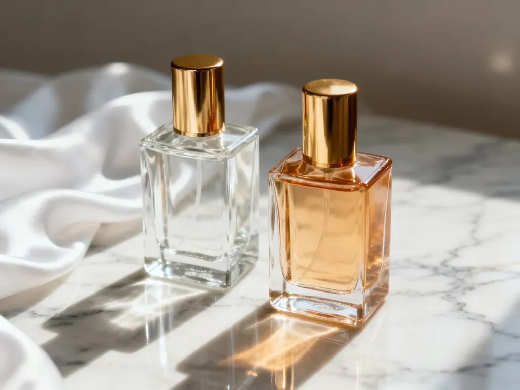 Dwie eleganckie butelki perfum z przezroczystym i bursztynowym płynem na marmurowym blacie w świetle poranka.