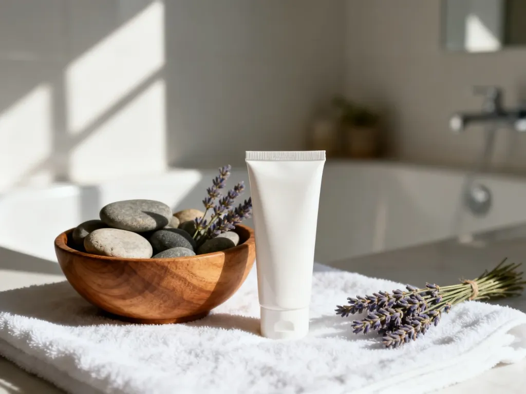 Tubka kremu do stóp na białym ręczniku obok kamieni i lawendy, tworząca relaksującą atmosferę domowego spa.