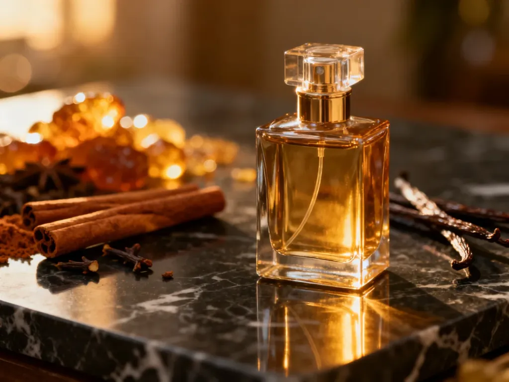 Elegancki flakon perfum Lattafa Khamrah na marmurowym blacie w otoczeniu przypraw i wanilii, podkreślający luksusowy klimat.