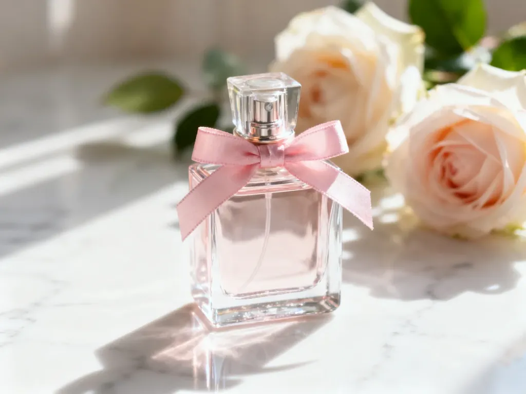 Elegancki flakon perfum Chloé z różową wstążką na marmurowym blacie w otoczeniu delikatnych róż.