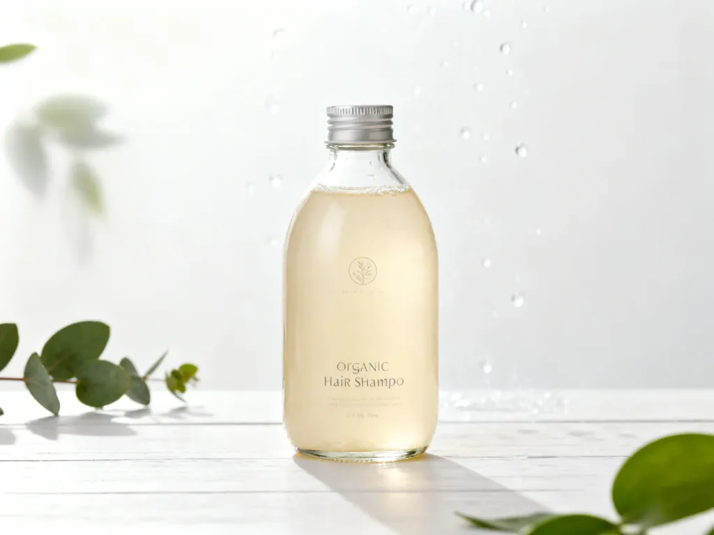 Szklana butelka naturalnego szamponu na drewnianym blacie w otoczeniu roślin, podkreślająca organiczny skład kosmetyku.
