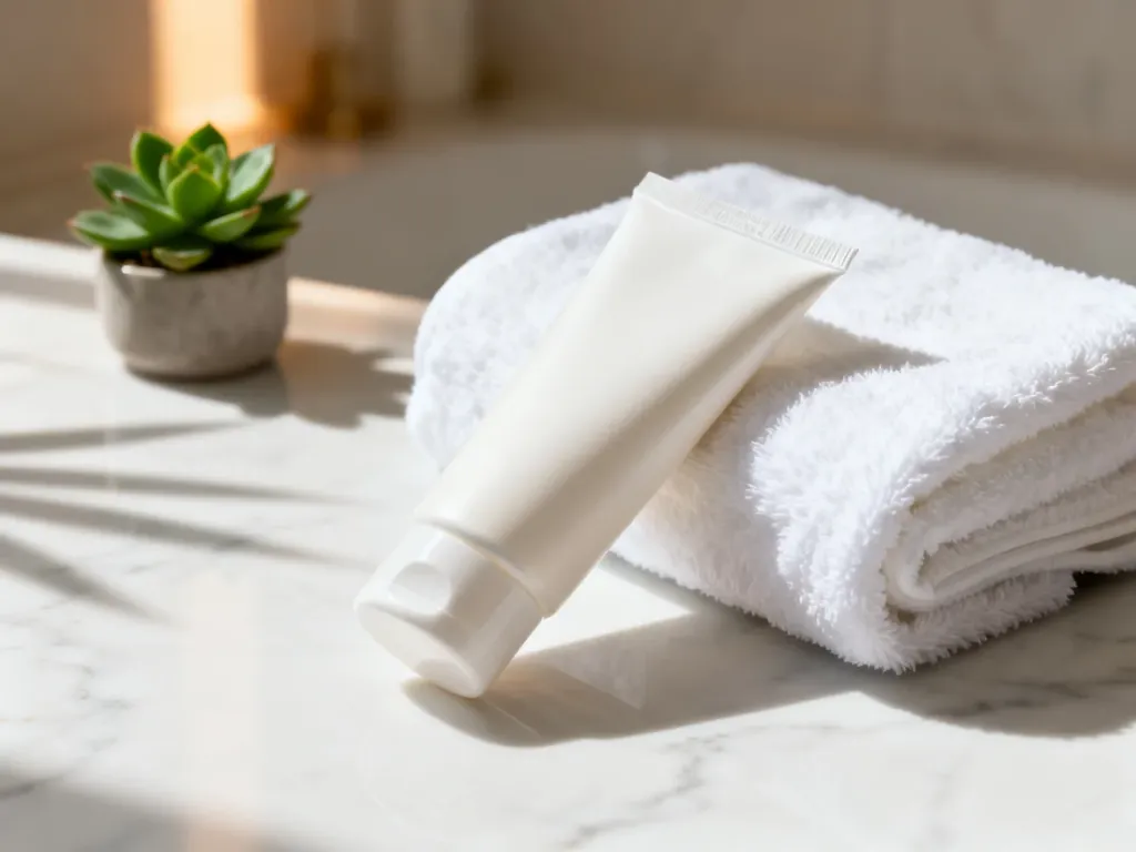 Tubka kremu do stóp Nivelazione na marmurowym blacie obok białego ręcznika w relaksującej scenerii spa.