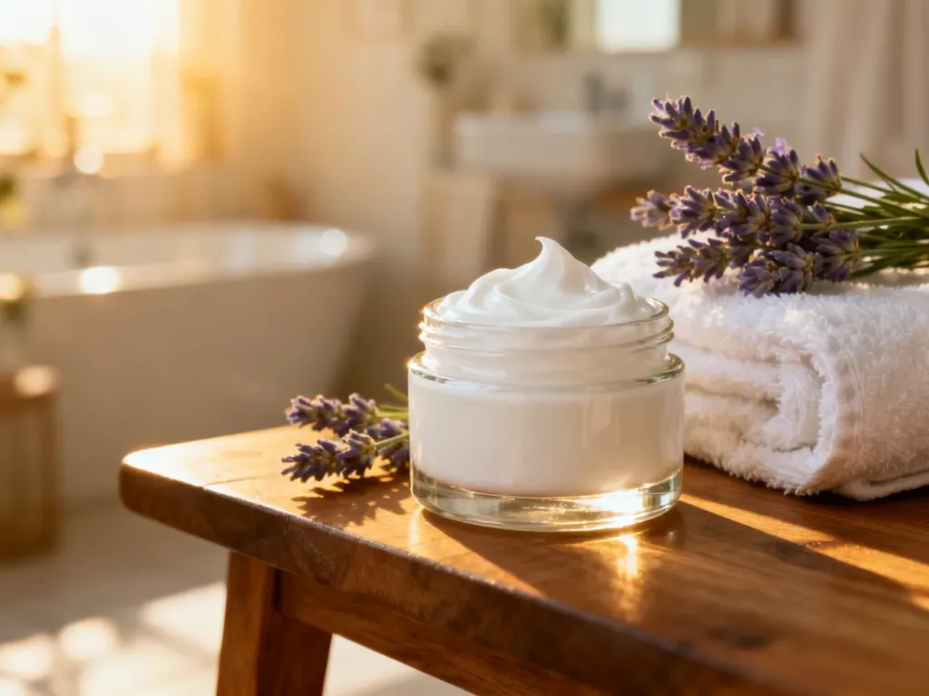 Szklany słoiczek z gęstym kremem do rąk, gałązkami lawendy i ręcznikiem, tworzący przytulną atmosferę domowego spa.