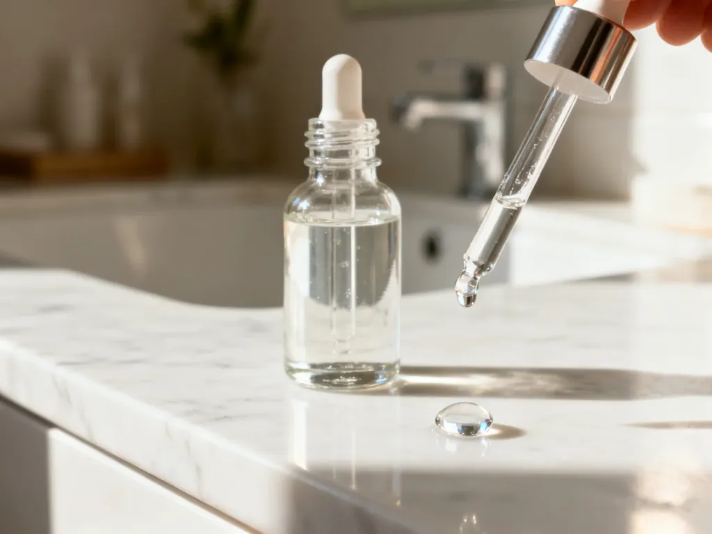 Szklana pipeta z kroplą serum nad marmurowym blatem, ilustrująca sposób aplikacji kosmetyku.